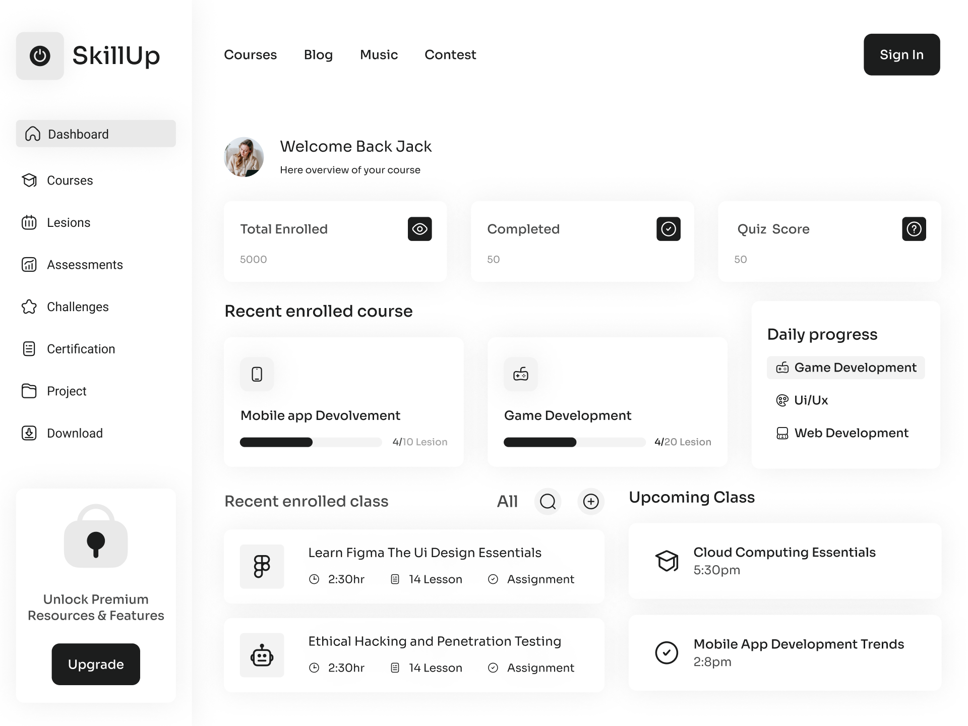 Mockup of an LMS dashboard with different sections of content