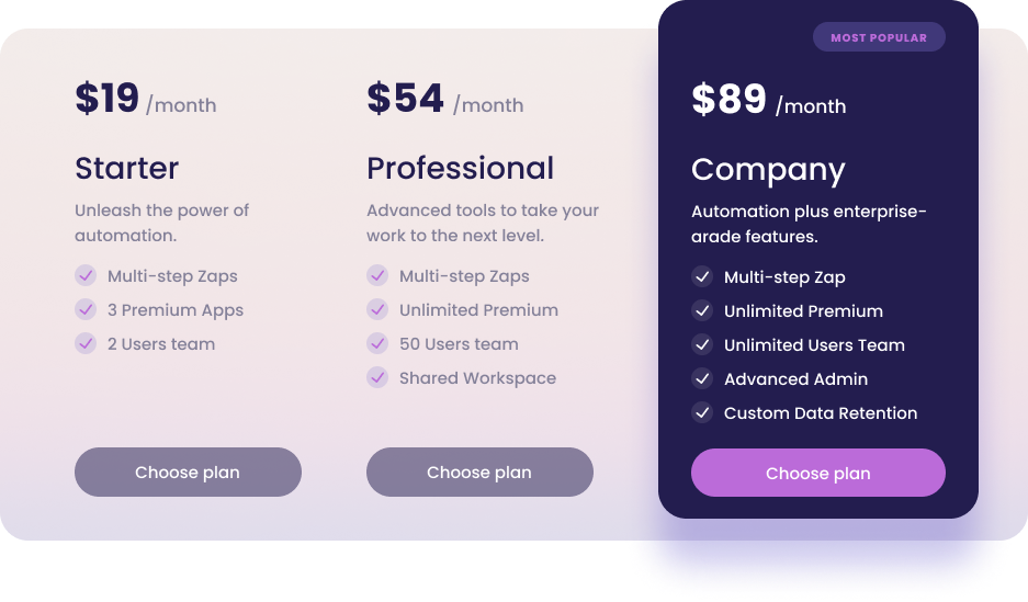 Pricing table with three columns