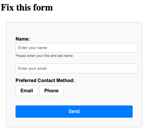 Screenshot of a form that has accessibility issues to fix.