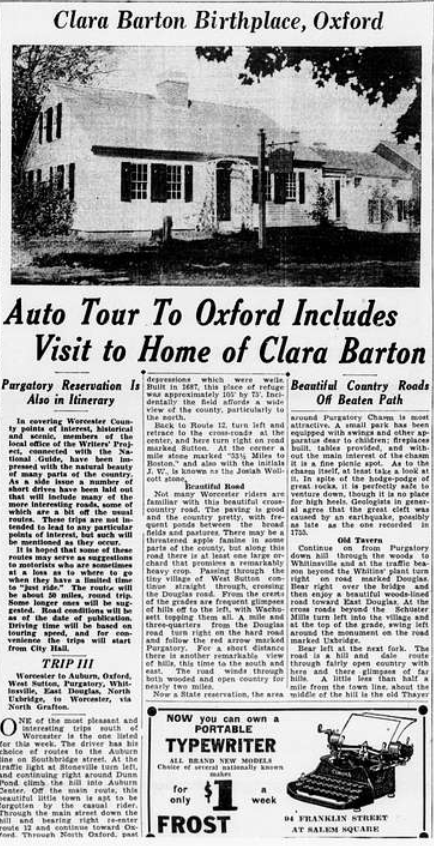Old newspaper with article on an auto tour that includes a visit to Clara Barton's home. Complete text follows this image.